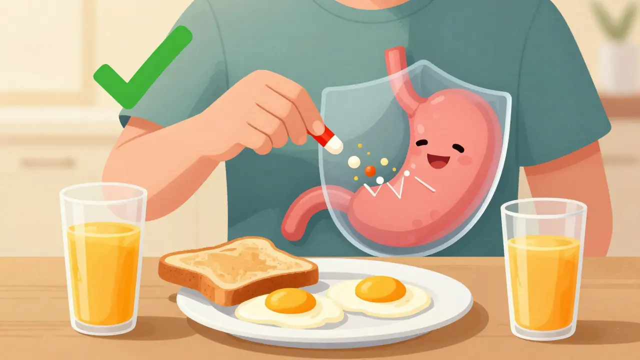 Person taking ibuprofen with breakfast, food shield protecting stomach from ulcers.