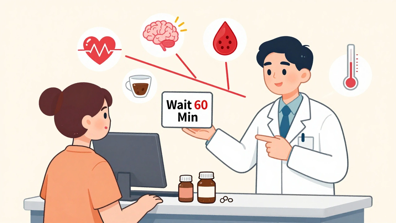 Pharmacist giving warning sign to patient about waiting before drinking coffee after taking medication.