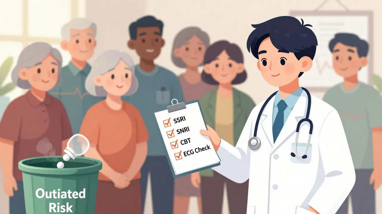 Pharmacist handing doctor a checklist with safer alternatives as a TCA pill is discarded into a bin.