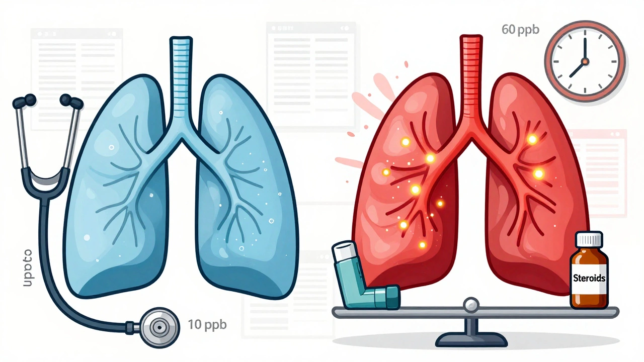 Side-by-side lung diagrams comparing healthy airways to inflamed ones with nitric oxide levels.