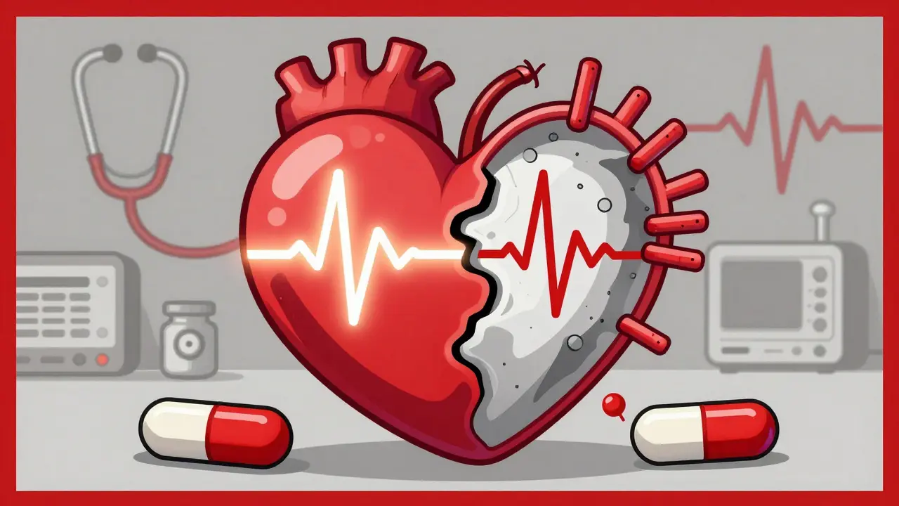 Split heart showing healthy rhythm on one side and dangerous QT prolongation on the other, surrounded by pills.