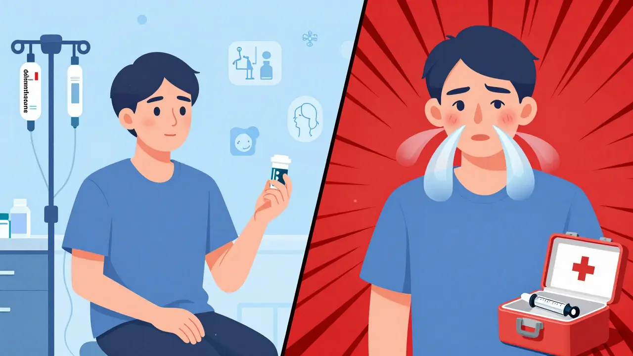 Split illustration comparing preventive chemotherapy premedication with a severe allergic reaction in progress.