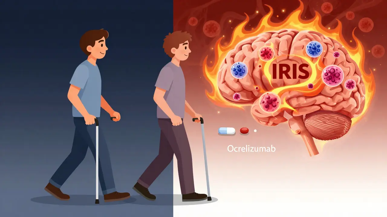 Split image of a person walking with a cane and their brain under immune attack, showing transition to safer treatment.
