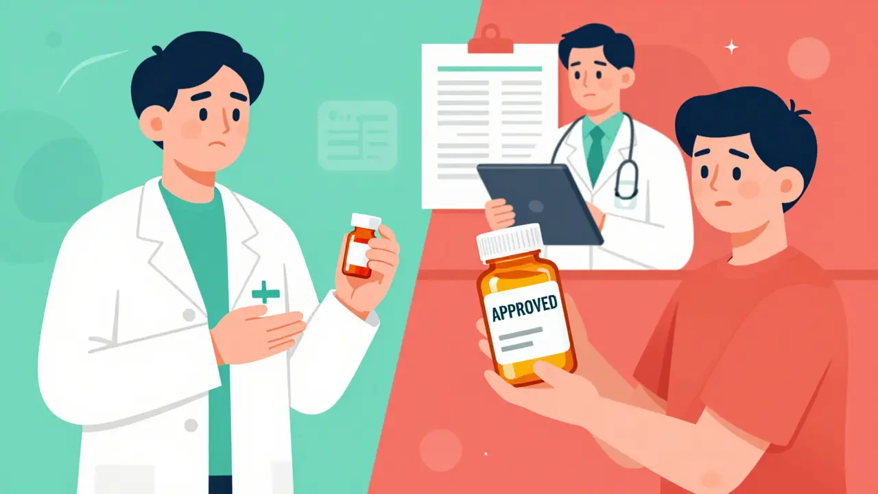 Split scene: patient receiving small pill bottle vs. large approved bottle, doctor submitting forms.