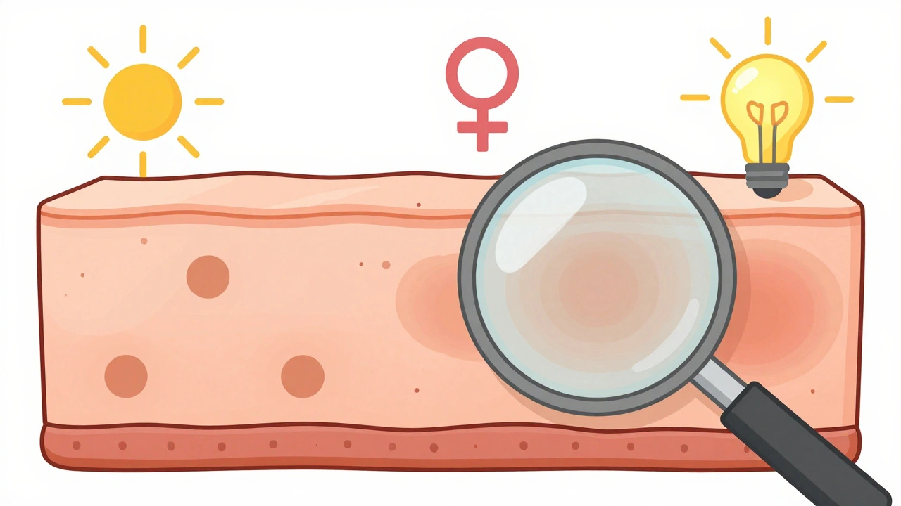 Split skin diagram showing sun spots from UV exposure versus melasma triggered by hormones and visible light.