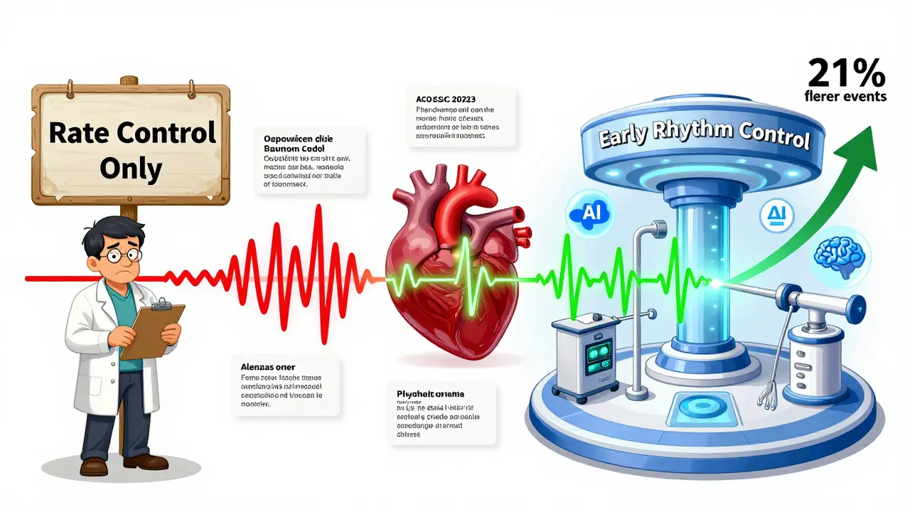 Split timeline of AFib treatment evolution from old rate control to modern early rhythm control with AI and guidelines.