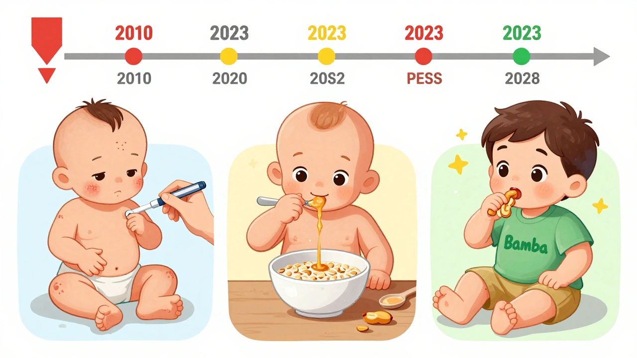 Three infants being introduced to peanut in different risk categories with color-coded scenes.