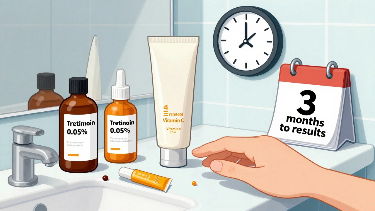 Three proven topical treatments for melasma on a counter beside mineral sunscreen, with time markers indicating treatment duration.