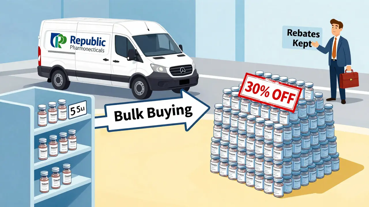 Two shelves: one with small orders at high price, the other with bulk stack at 30% off.