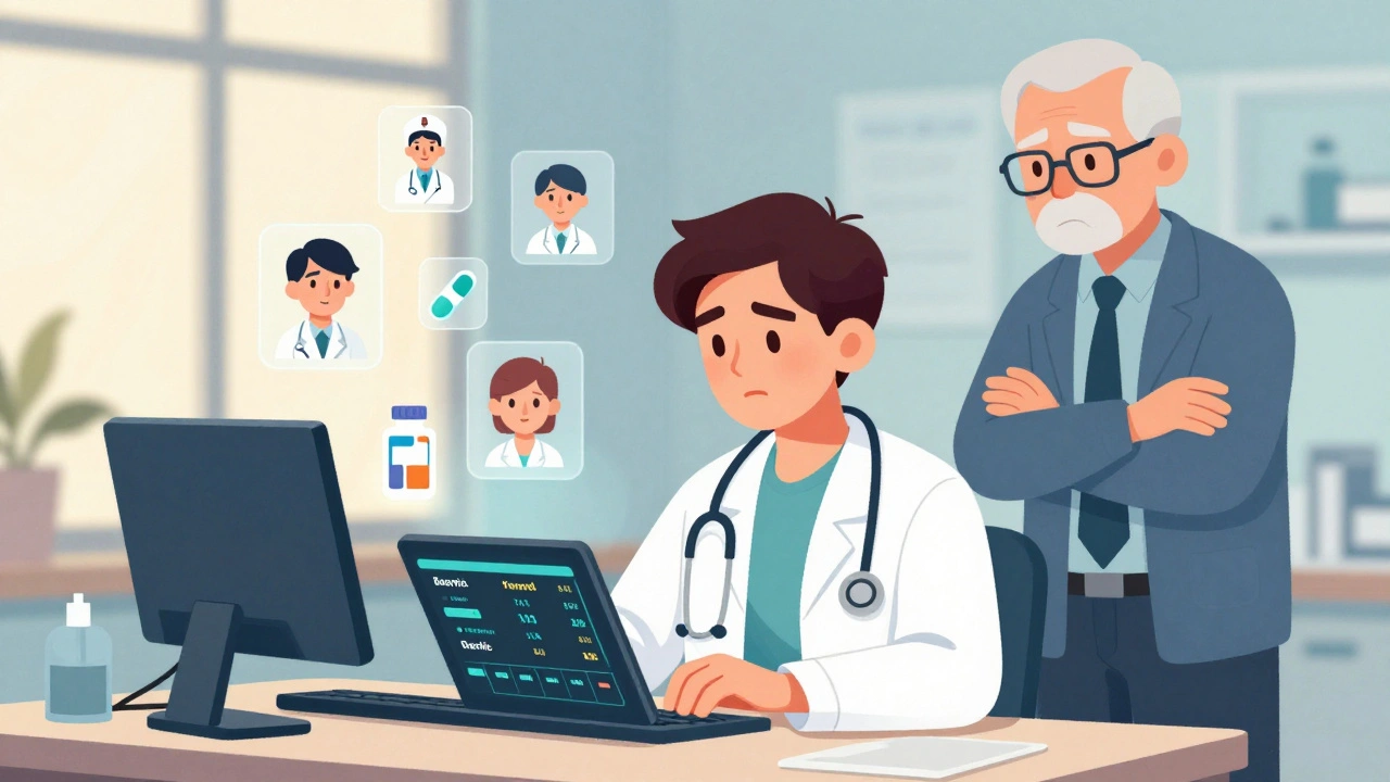 Young doctor reviews outcome data on generics while older colleague looks skeptical.