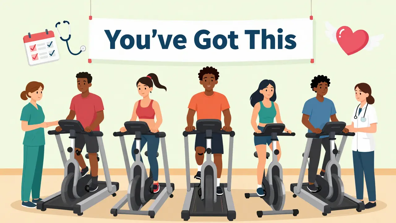 A diverse group exercising in cardiac rehab, supervised by medical staff, with uplifting symbols floating around them.