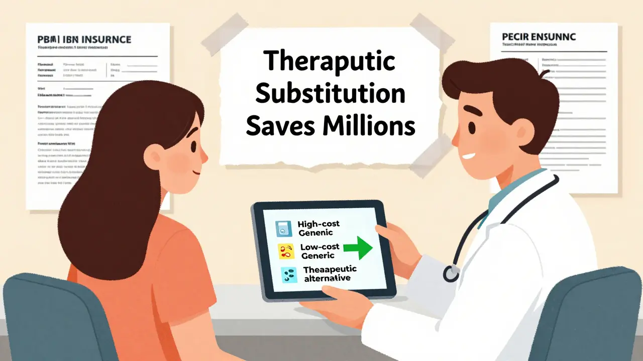 A doctor and patient choose a low-cost drug alternative, with savings revealed behind insurance paperwork.