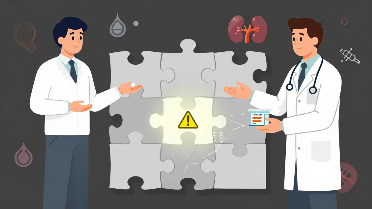 A fractured healthcare puzzle with psychiatrist, doctor, and patient pieces, showing rising risks of lithium toxicity.