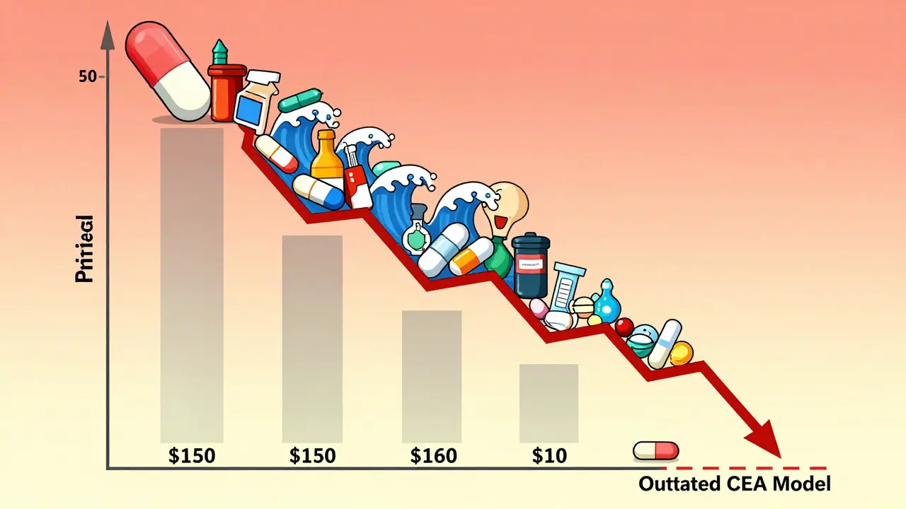 A giant brand-name drug price crashes over time as generic competitors enter the market.