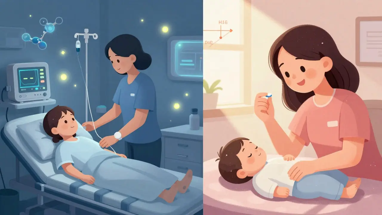 A mother receives IV treatment for postpartum depression, then takes a pill at home — symbols of rapid improvement float beside her.