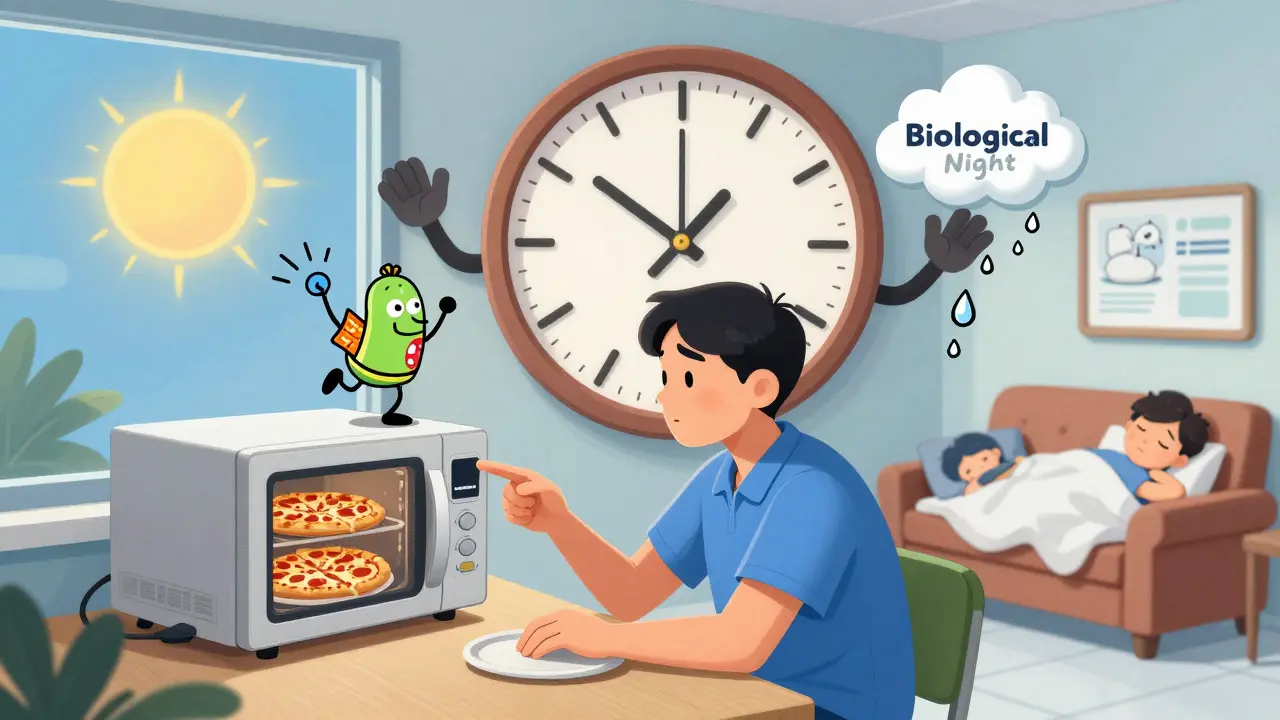 A night shift worker at 3 a.m. surrounded by floating hunger hormones and fat-storing insulin while a giant clock marks biological night.