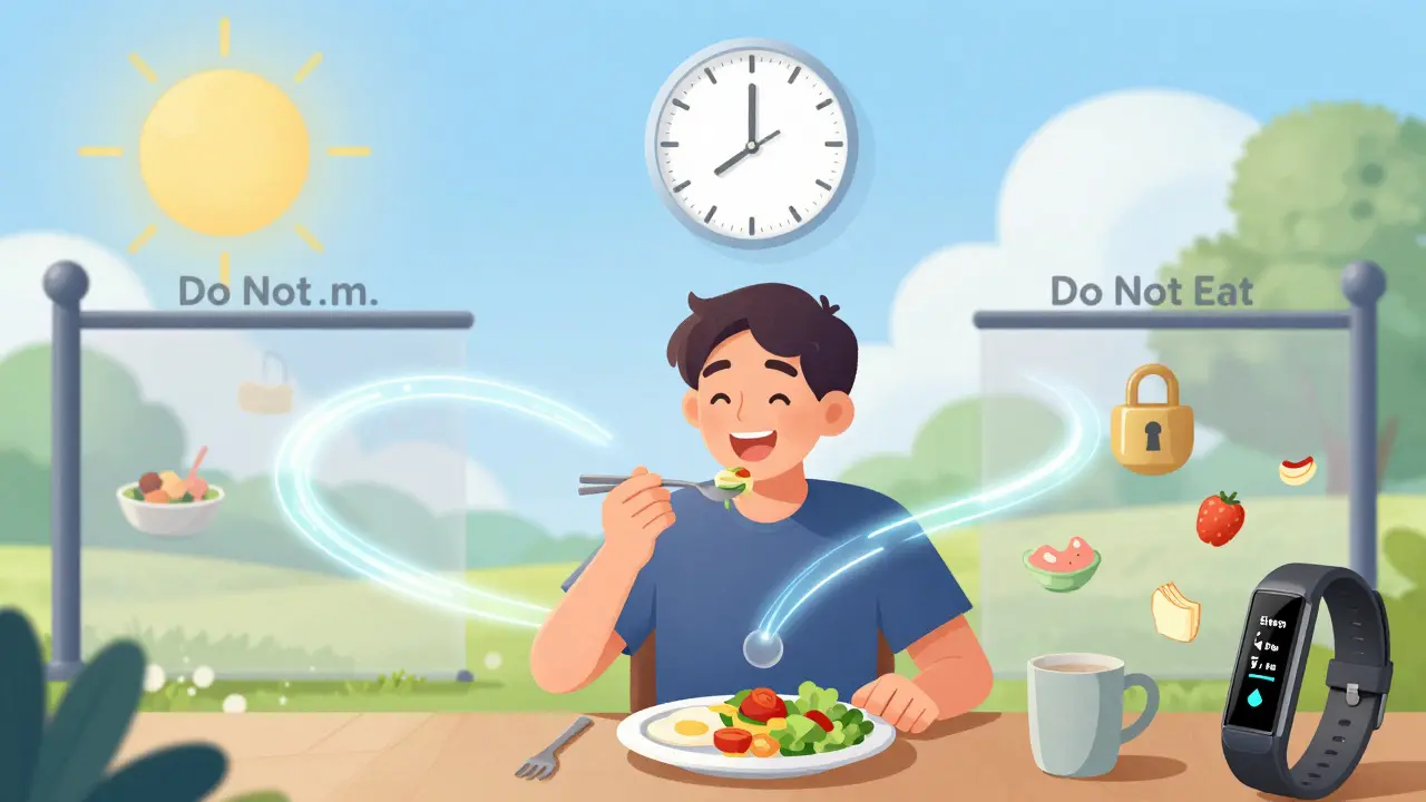 A person eating within a daylight 10-hour window, with a glowing metabolic pathway and a clock locking out late-night food.