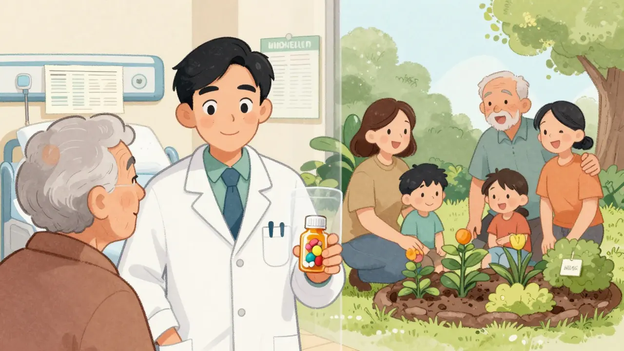 A pharmacist giving a generic pill to an elderly patient, with contrasting scenes of hospital bills versus joyful family life in the background.
