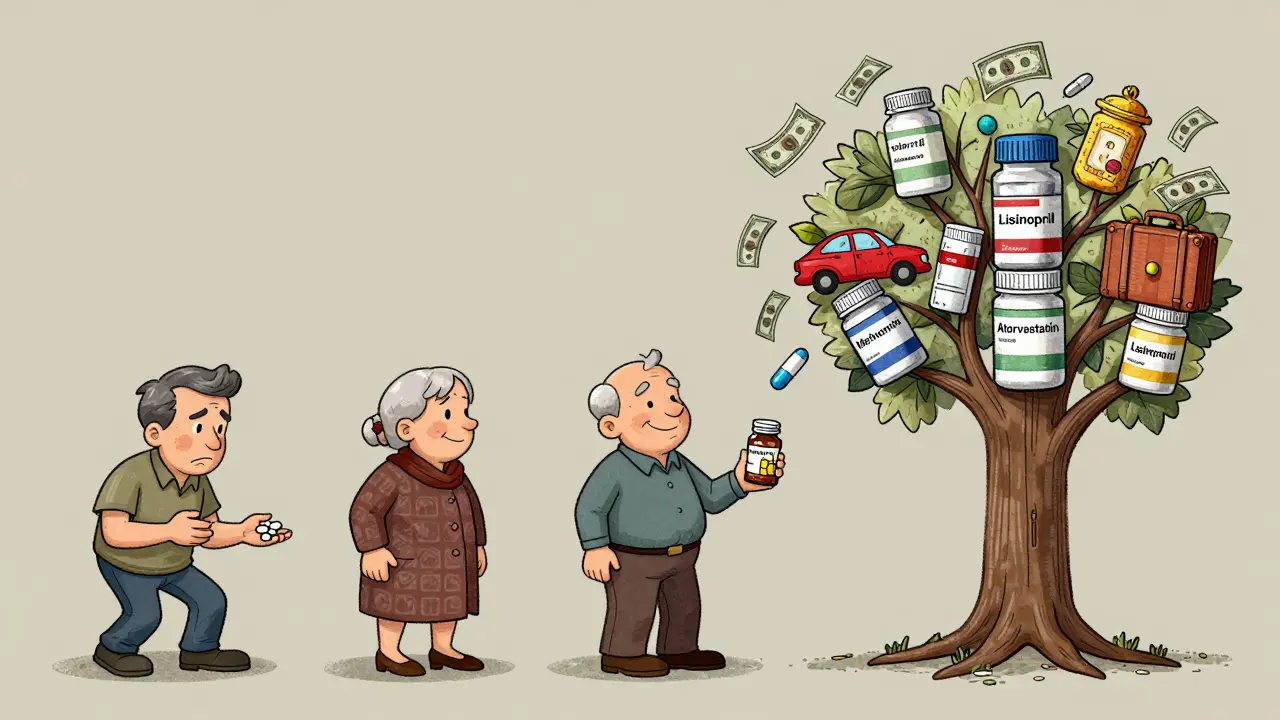 A timeline showing a person’s life improving as generic medications turn medical costs into savings, visualized as money rising into a tree of pill bottles.