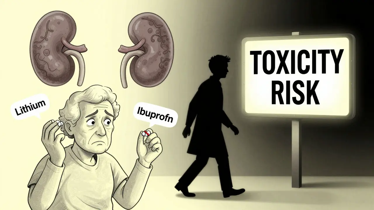 An elderly patient holding lithium and ibuprofen pills while a doctor walks away, with warning signs above them.