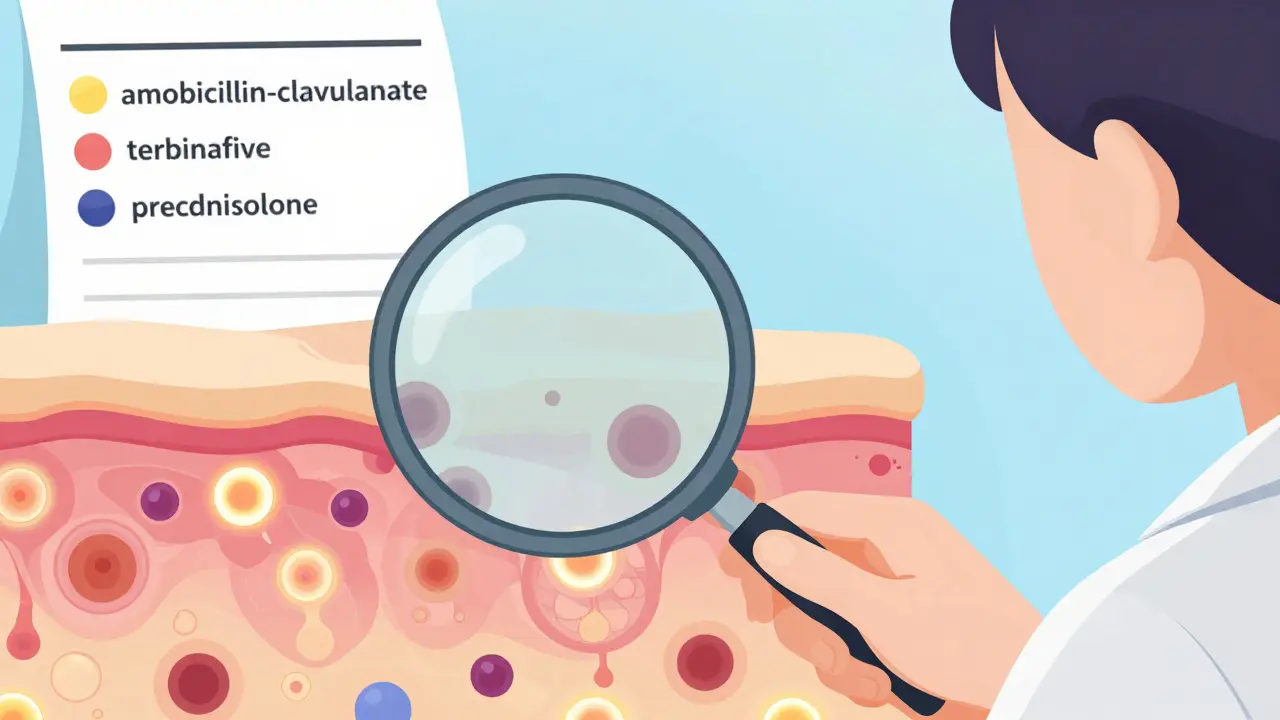 Dermatologist examining a skin biopsy under magnification, showing neutrophil-filled pustules, with medication labels in the background.