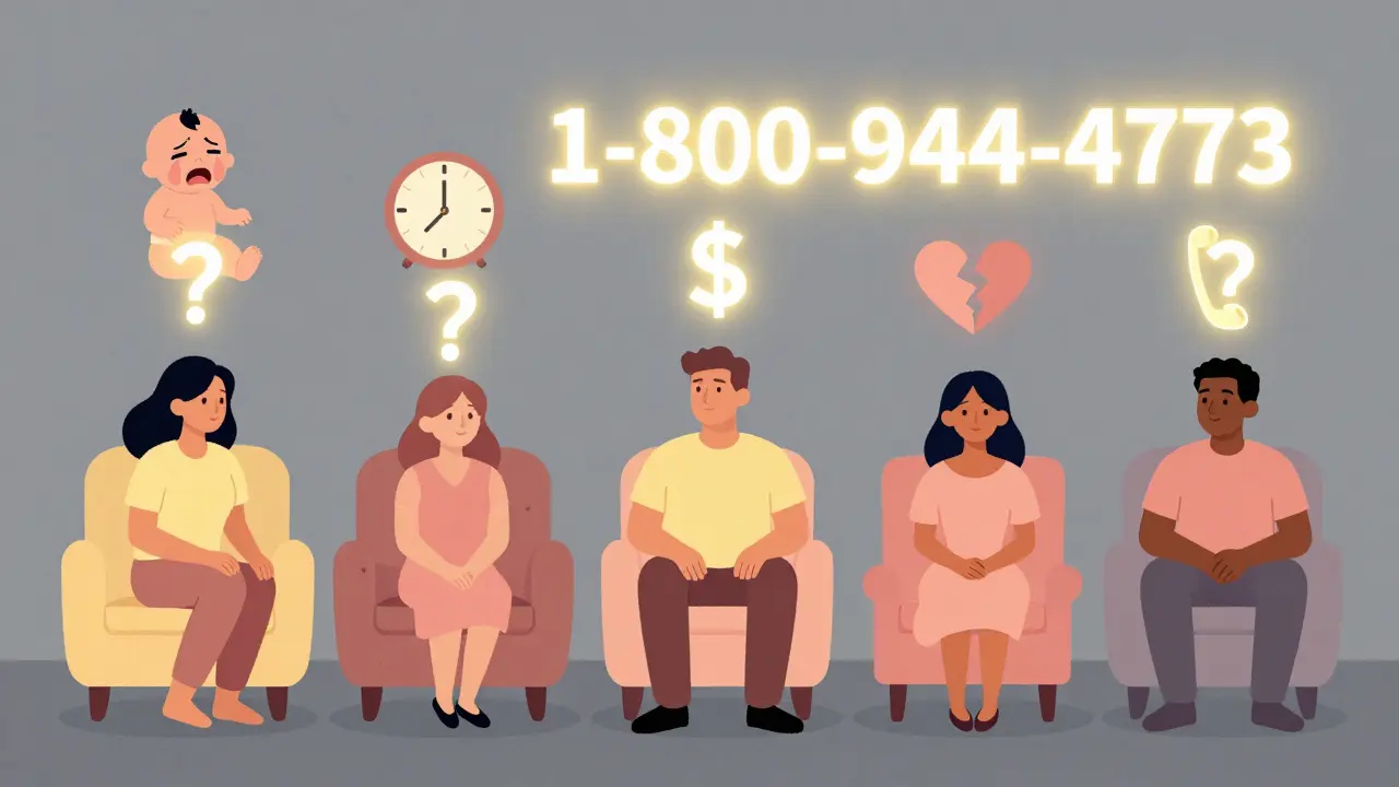 Diverse new parents feel isolated, but a helpline glows brightly above them, symbolizing hope and support.