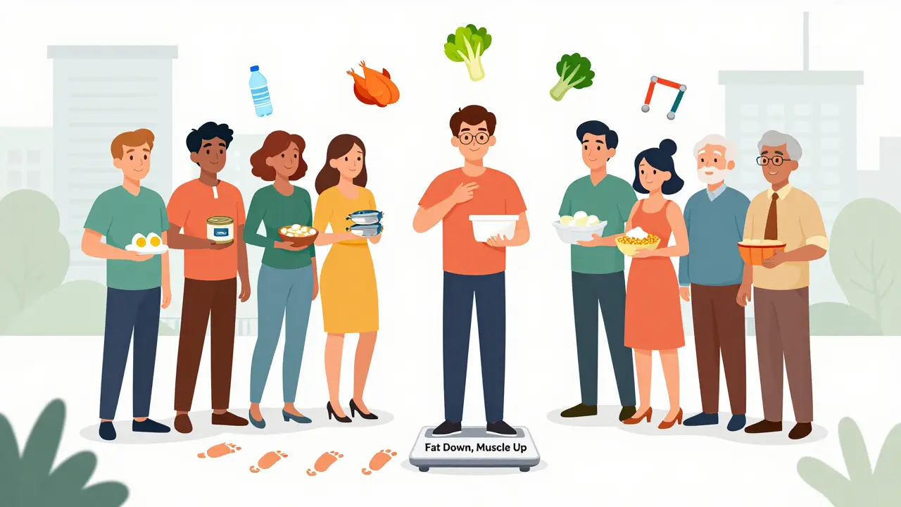 Diverse people holding affordable protein sources on a scale showing fat loss and muscle gain.