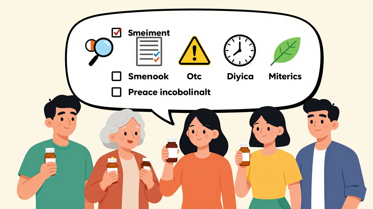 Diverse people holding medicine bottles with a 5-point safety checklist above them.