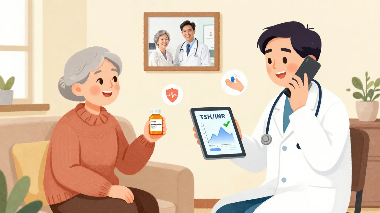 Doctor calls a senior at home to check on generic medication, with a positive graph and warm home setting.