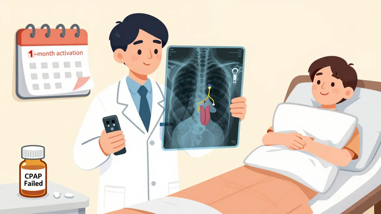 Doctor demonstrates a sleep apnea implant device with a transparent view of the nerve and tongue mechanism.