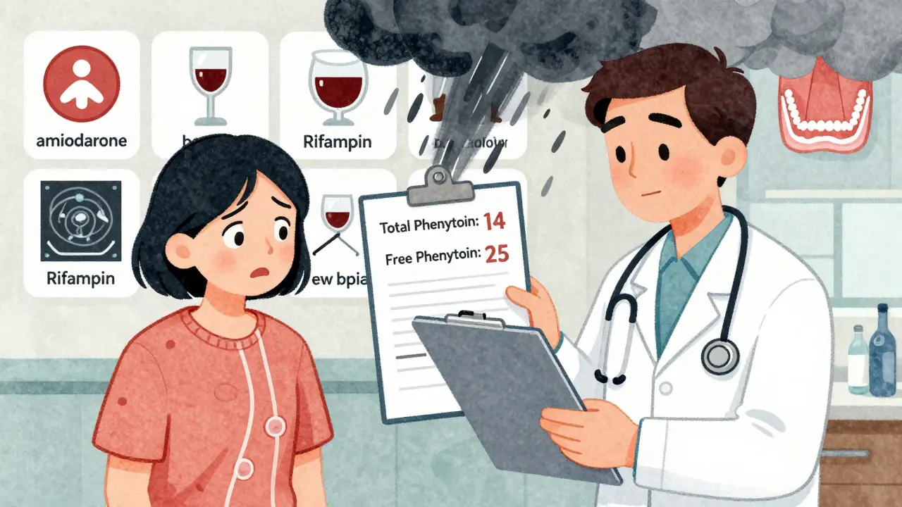 Doctor holding two blood test results showing total vs. free phenytoin levels in a low-albumin patient.