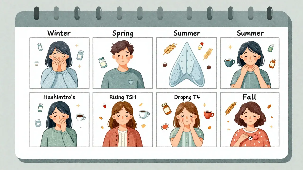 Four-season visual timeline showing Hashimoto’s progression from normal thyroid to gland shrinkage.