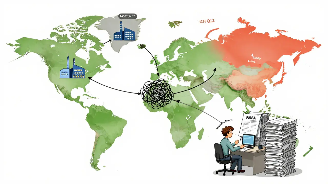 Global map with regulatory labels over factories, a tangled ICH Q12 thread attempting to connect them, and a small company worker buried under compliance paperwork.