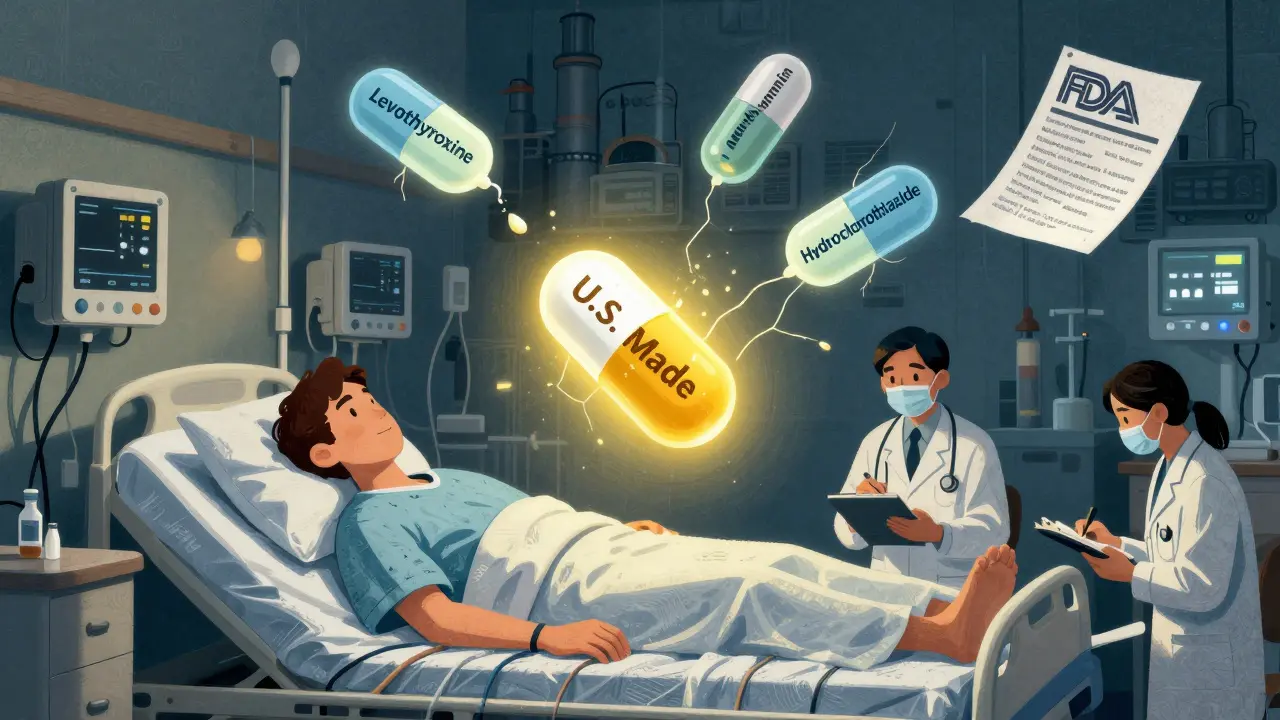 Hospital patient surrounded by floating cracked generic pills connected to distant factories, with one glowing U.S.-made pill at center.