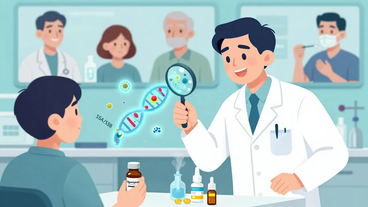 Lab scene with blood tests and T-cell signatures, patient holding treatments and humidifier, symbolizing hope and management.