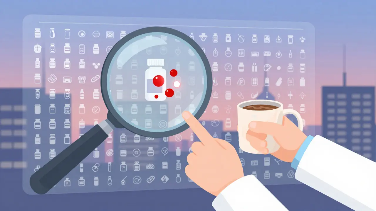 Magnifying glass revealing clustered adverse event reports on a digital dashboard of medical products.