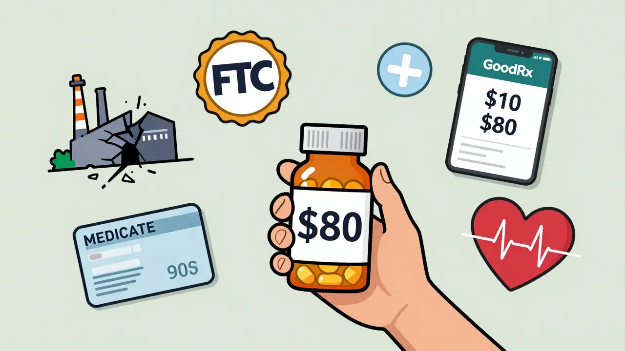 Patient holding expensive pill bottle surrounded by symbols of market failure: broken factory, FTC, Medicare, and GoodRx prices.