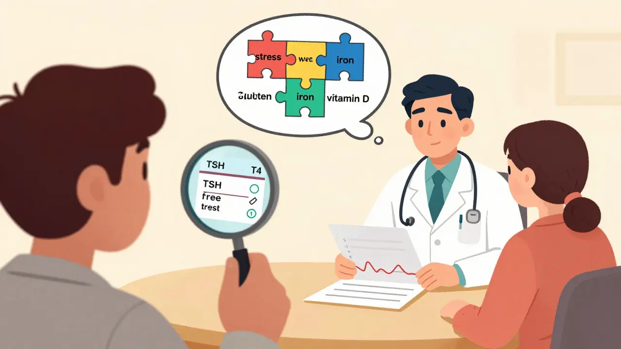 Person examining blood test with thought bubble of lifestyle factors affecting thyroid health.