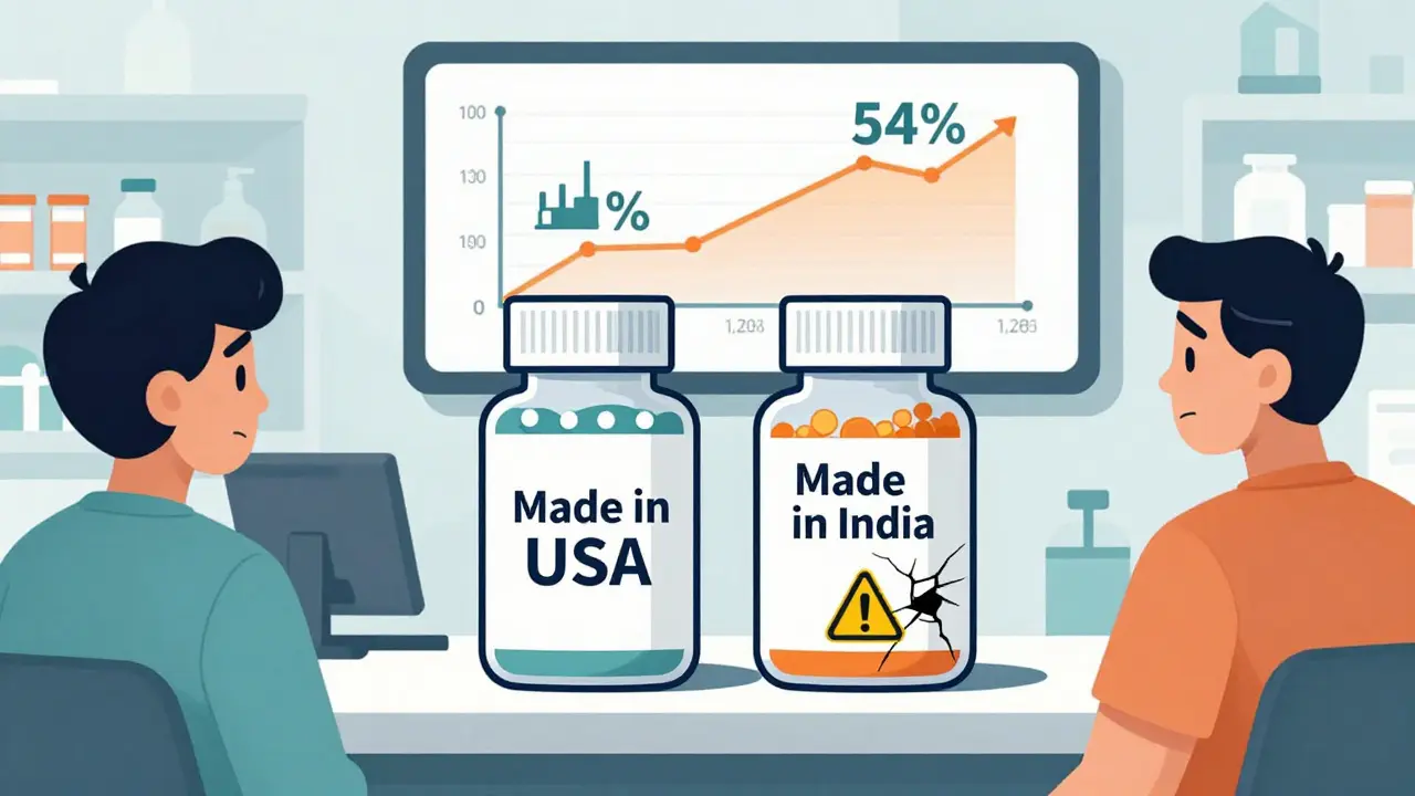 Pharmacist compares two generic pill bottles—one from USA, one from India—with contrasting factory icons and adverse event data.