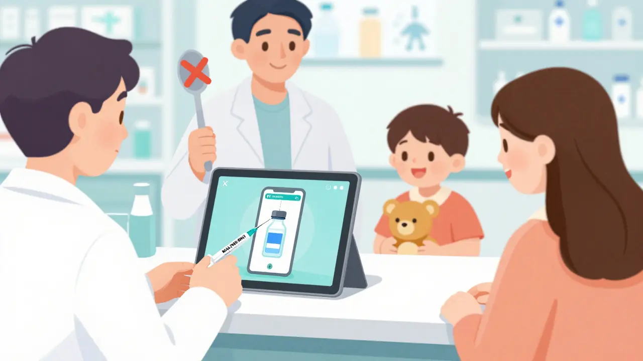 Pharmacist giving a child's medicine syringe with a digital app showing correct dosage.