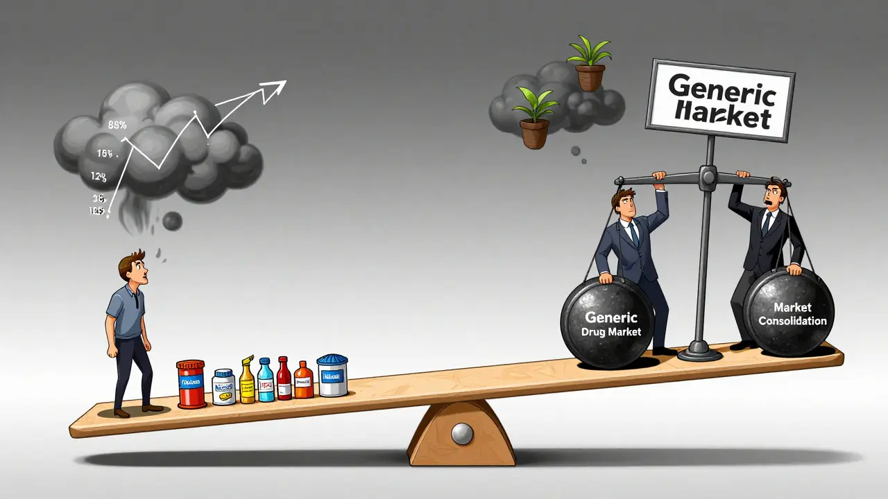 Seesaw balancing generic drug manufacturers on one side and corporate consolidation on the other, patient strained below.