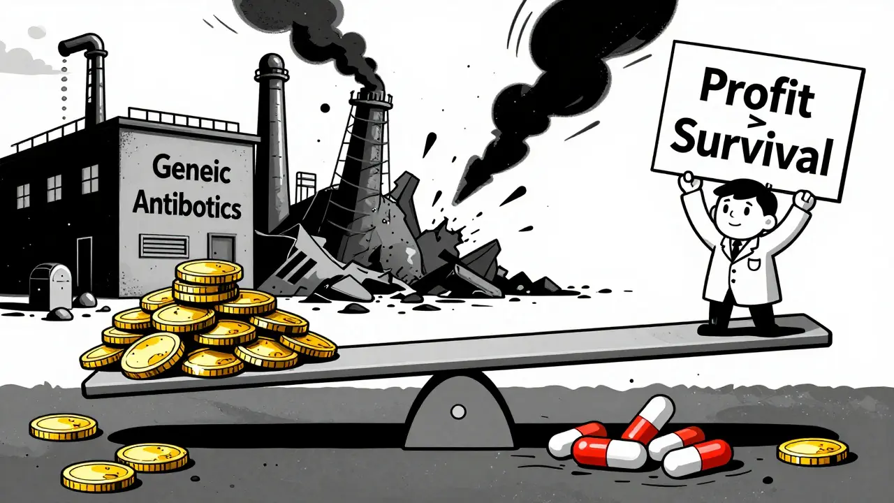 Seesaw balancing money against antibiotics, factory collapsing as profit outweighs survival.