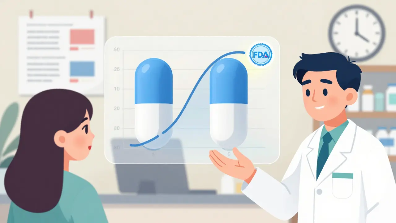 Side-by-side brand and generic pills with matching blood concentration curves, reassuring patient safety.