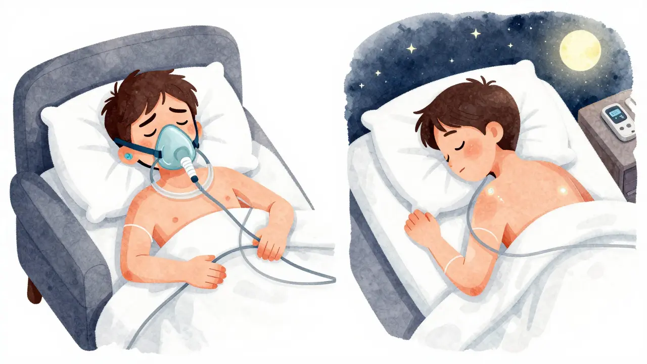 Side-by-side comparison: one person struggling with CPAP, another sleeping easily with upper airway stimulation.