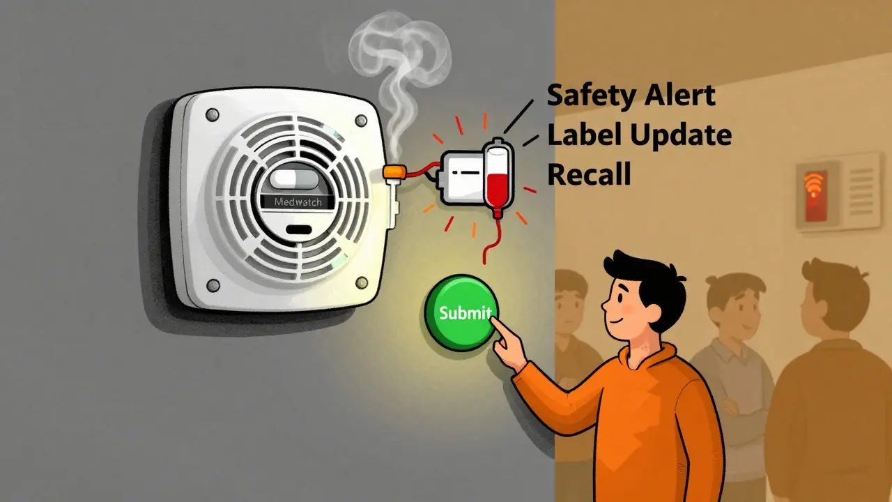 Smoke detector shaped like a pill triggers safety alerts, with a patient submitting a report confidently.