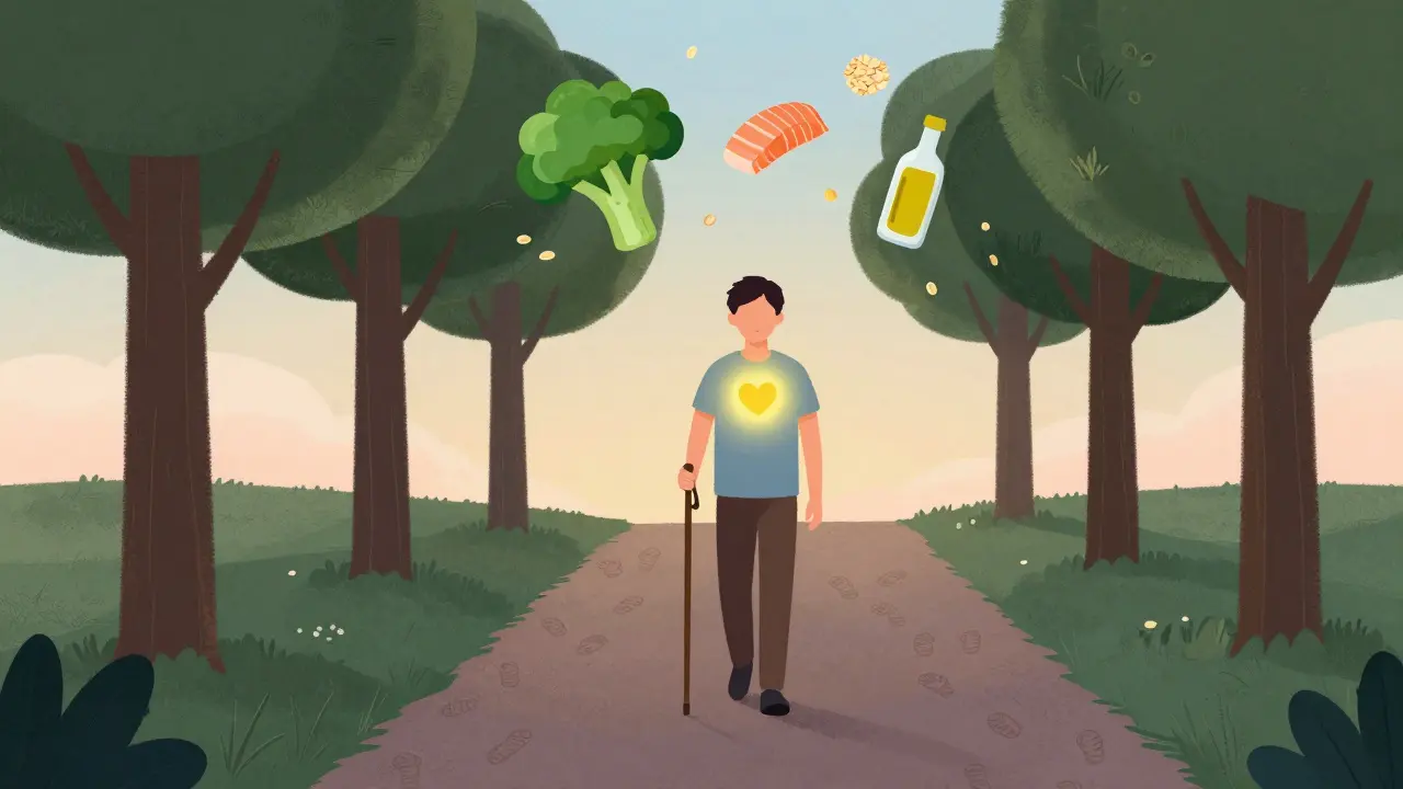 Someone walking gently on a path, a warm heart icon glowing in their chest, surrounded by heart-healthy food icons.