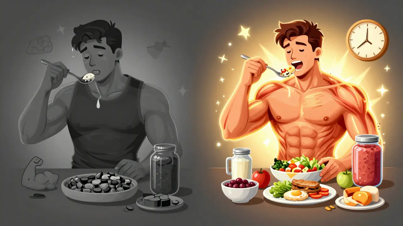 Split scene comparing low-protein fatigue to high-protein energy with glowing muscles and even meal distribution.