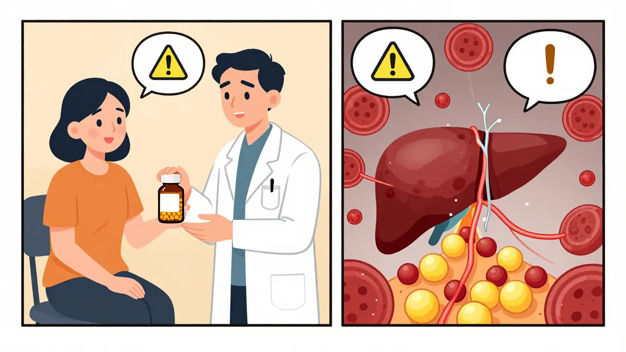 Split scene: patient gives supplement to doctor while hidden forces disrupt blood and liver function.