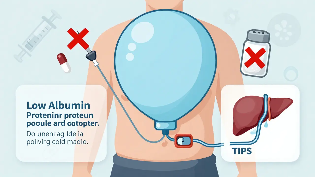 Swollen abdomen with drainage needle and TIPS stent, illustrating ascites management and fluid buildup.