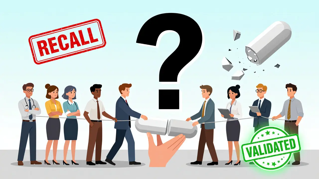 Team of professionals passing a fragile tablet, with a crumbling tablet and recall stamp in background, contrasted by a glowing validated stamp in front.